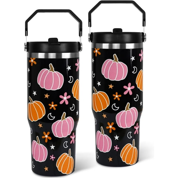 Halloween Tumbler with Lid and Straw 30oz,Pink Pumpkin Star Moon Vacuum Insulated Leak Proof Fall Tumbler,Goth Cute Spooky Gift Women Kids Teen Girls Halloween Accessories Stainless Steel Cup
