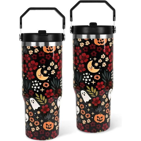 Halloween Tumbler with Lid and Straw 30oz,Skulls Ghost Pumpkins Flower Vacuum Insulated Leak Proof Tumbler,Goth Cute Spooky Gift Women Kids Teen Girls,Halloweens Stainless Steel Coffee Cup