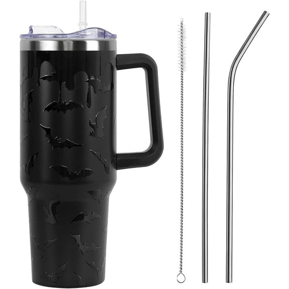 Halloween Tumbler with Lid and Straw 40oz,5D Black Gothic Bats Vacuum Insulated Leak Proof Tumbler,Goth Cute Spooky Gift Women Girls,Fall Thanksgiving Accessories Stainless Steel Coffee Cup