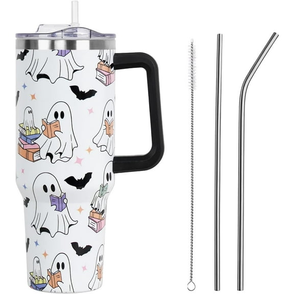 40oz Halloween Tumbler with Lid & Straw - Vacuum Insulated Leak Proof Stainless Steel Cup, Cute Spooky Ghost Reading Design, Gift for Book Lovers Women & Girls