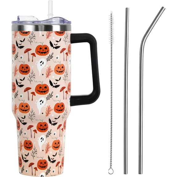 Halloween Tumbler with Lid and Straw 40oz,Gothic Cute Pink Polka Dots Ghost Vacuum Insulated Leak Proof Tumbler,Goth Spooky Gift Women Girls,Fall Thanksgiving Accessories Stainless Steel Coffee Cup