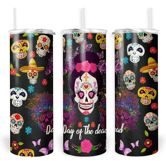 Halloween Tumbler with Lid and Straw Trick Or Treat Coffee Travel Mug Boo Witch Ghost Pumpkin Black Cat Cup Witch Goth Decor Cat Halloween Gifts (Day Of The Dead)