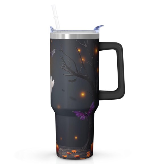 Halloween Tumbler, Pumpkin Spider Cup 40oz with Handle and Straw, Spooky Insulated Water Bottle Gift
