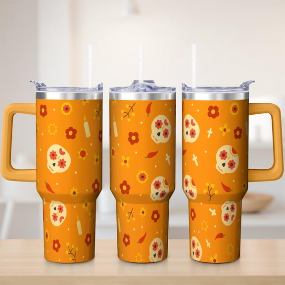 Halloween Tumbler with Handle 40oz Insulated Stainless Tumbler, Skull Travel Home Office Coffee Cup Water Bottle