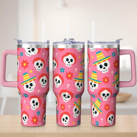 Halloween Tumbler with Handle 40oz Insulated Stainless Tumbler, Skull Travel Home Office Coffee Cup Water Bottle