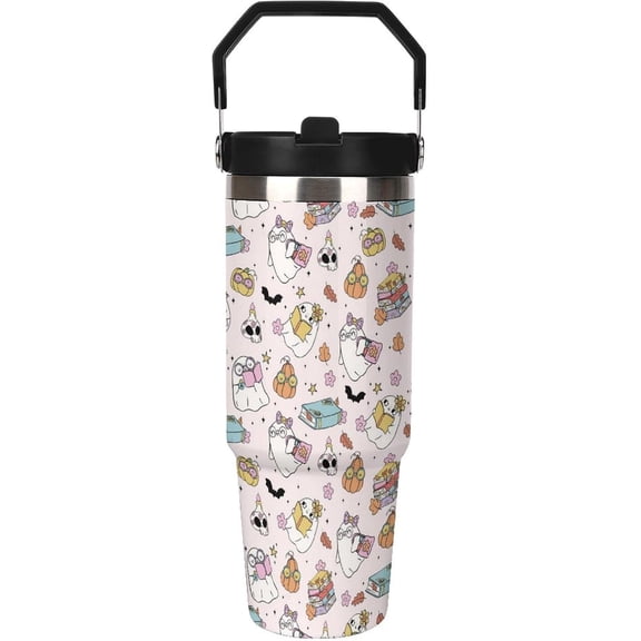 Halloween Tumbler with Handle Flip Straw Pink 30oz Insulated Stainless Steel Cup Ghost Reading Book Travel Coffee Mug Water Bottle for Women