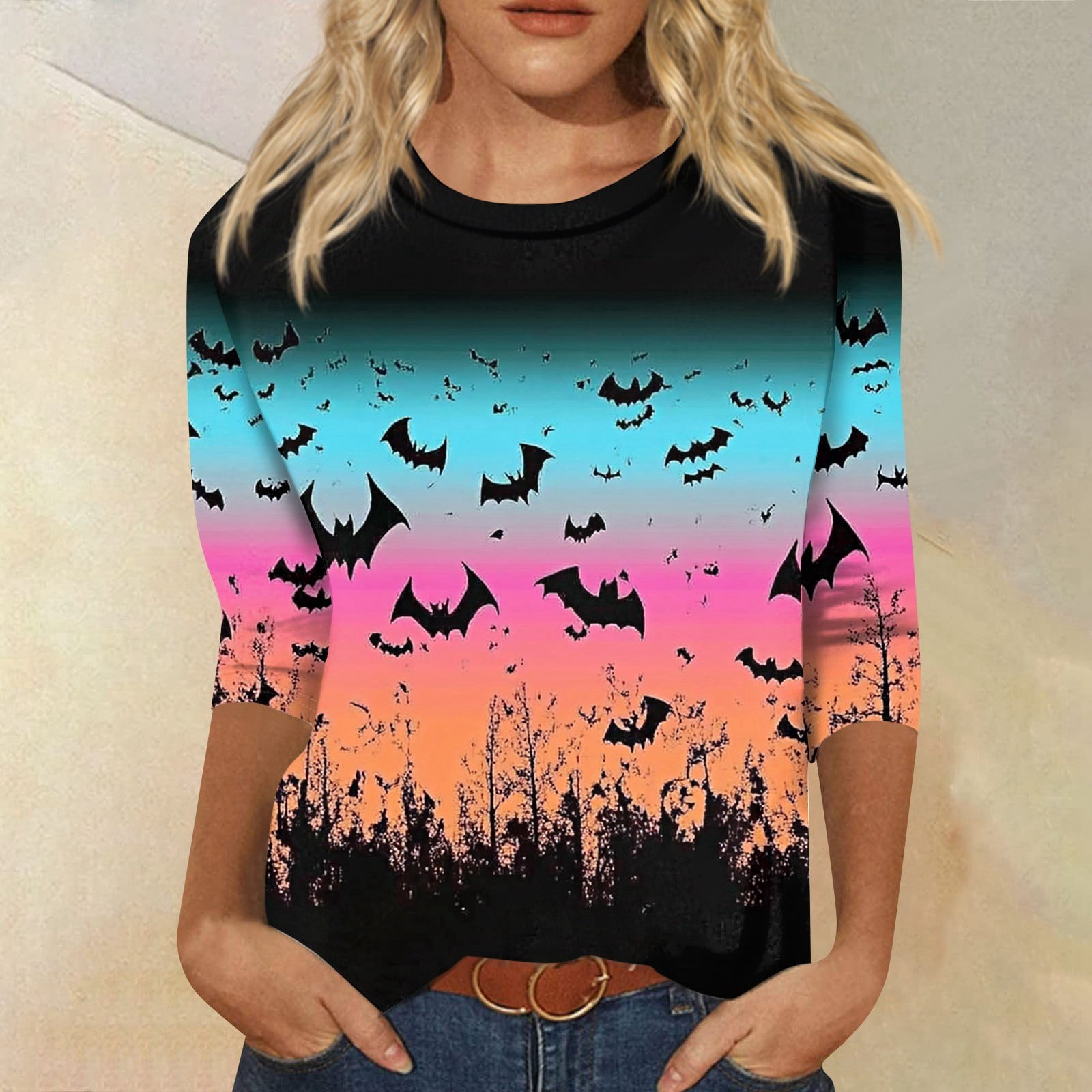 Halloween Tunic Tops for Women 3/4 Sleeve T Shirts Pumpkin Print Crew ...