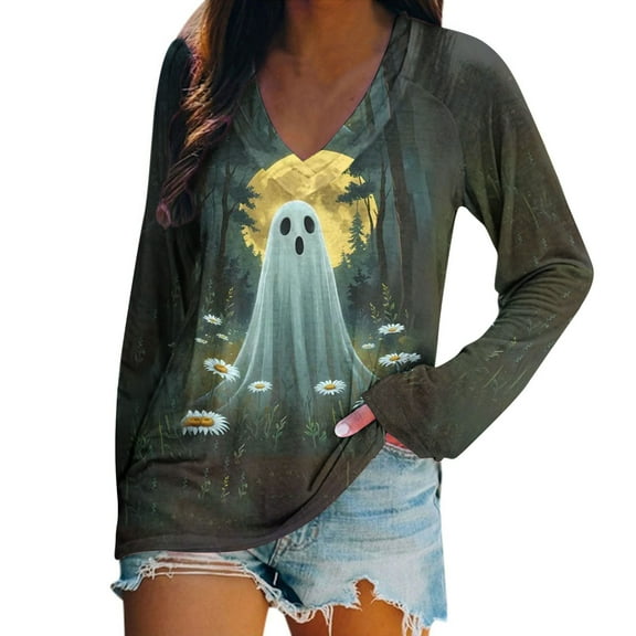 Halloween Tunic Tops for Women Novelty Bat Print Long Sleeve Fall Tops Spooky Casual Loose Tee Shirts