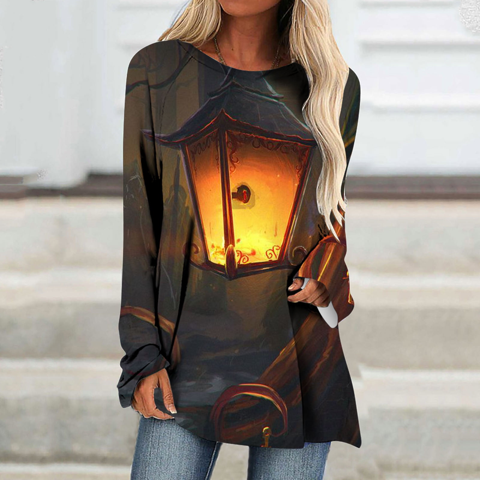 Halloween Tunic for Women,Women's Long Sleeve Print Tunic Tops to Wear with Leggings 2023 Fall