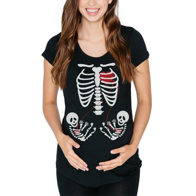 Halloween Twin Baby Skeletons Black Maternity Soft T-Shirt - Large