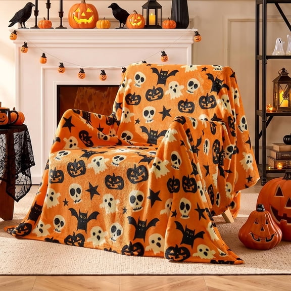 Halloween Twin Size Flannel Throw Blanket, Spooky Decor and Gift, Orange, Soft Lightweight Cozy for Bedroom, Living Room and Couch, All-Season 60 x 80 in