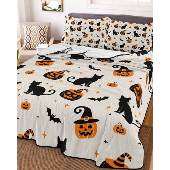 Halloween Twin Size Down Alternative Comforter, Lightweight Comforter Quilt Bedding Set with Pillow Shams Horror Pumpkin Fall Witch's Hat Bat Black Cat All Seasons Bed Comforter Duvet Insert 68"x86"