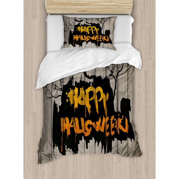 Halloween Twin Size Duvet Cover Set, Happy Graffiti Style Lettering on Rustic Wooden Fence Scary Evil Holiday Artwork, Decorative 2 Piece Bedding Set with 1 Pillow Sham, Multicolor, by Ambesonne