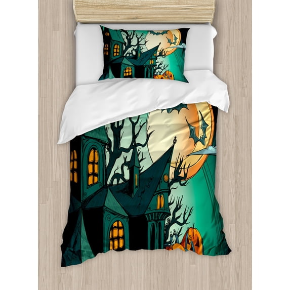 Halloween Twin Size Duvet Cover Set, Haunted Medieval Cartoon Style Bats in Twilight Gothic Fiction Spooky Art Print, Decorative 2 Piece Bedding Set with 1 Pillow Sham, Orange Teal, by Ambesonne