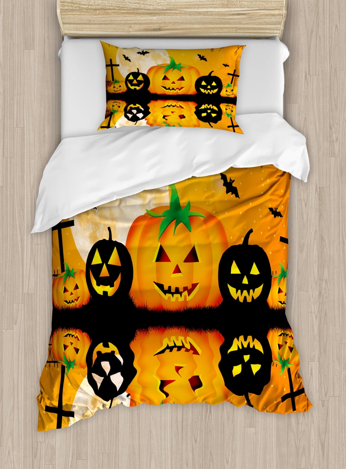 Halloween Twin Size Orange and Black Microfiber Duvet Cover Set