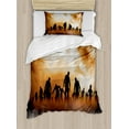thumbnail image 1 of Halloween Twin Size Duvet Cover Set, Zombies Dead Men Walking Body in the Doom Mist at Night Sky Haunted Theme Print, Decorative 2 Piece Bedding Set with 1 Pillow Sham, Orange Black, by Ambesonne, 1 of 3