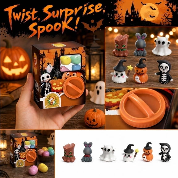 Halloween Twist Surprise Egg Vending Box Mini Spooky Figurine Capsule Toy 6 Assorted Styles Ghost Pumpkin Skeleton Tree Rabbit Mini Figures Halloween Themed Gathering Favor Novelty Gift Box
