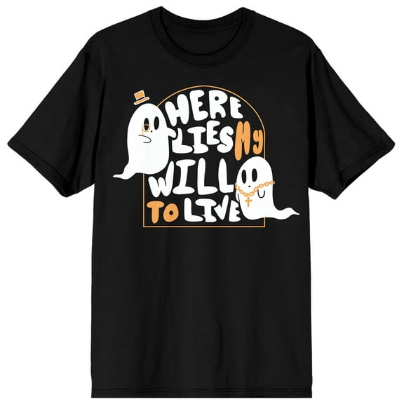 Halloween Two Dapper Ghosts Here Lies My Will to Live Men's Black Graphic Tee-Medium