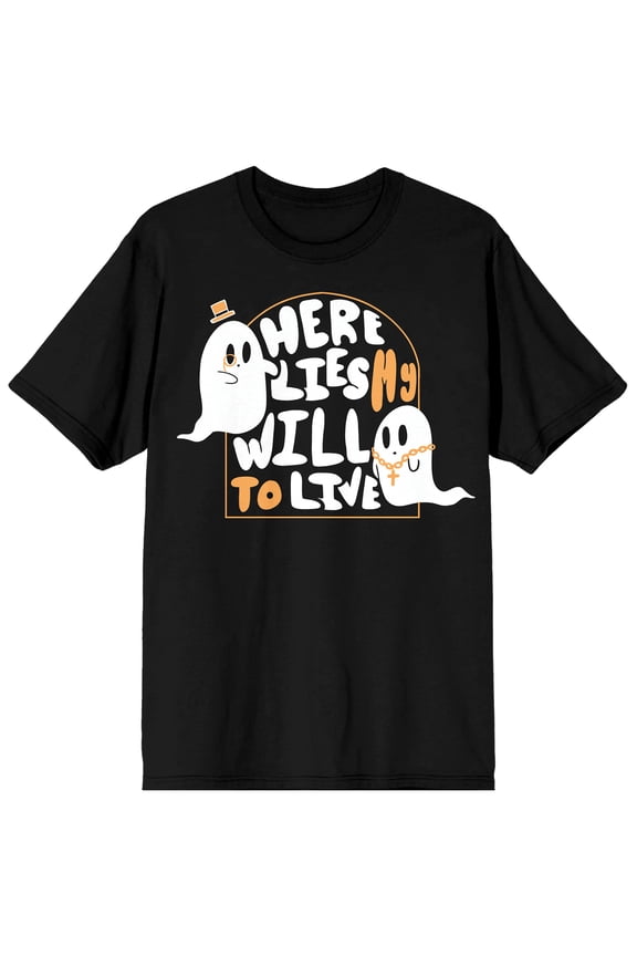 Halloween Two Dapper Ghosts Here Lies My Will to Live Men's Black Graphic Tee-Medium