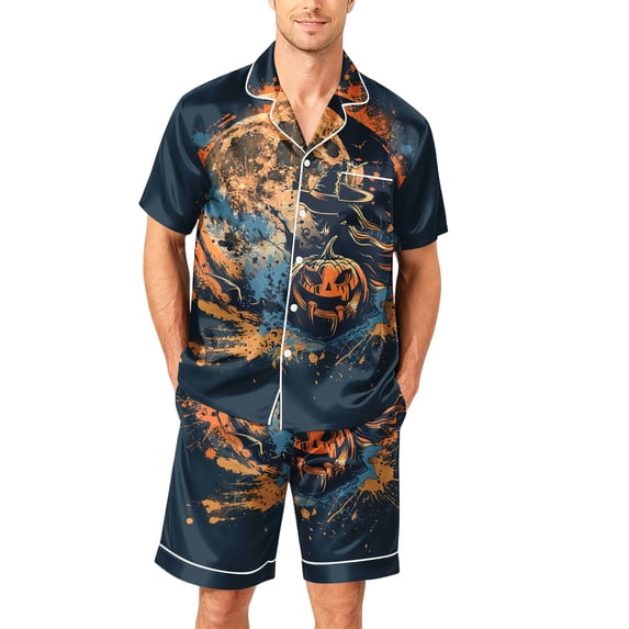 Halloween Two Piece Pajama Set for Men Funny Pumpkin Print Casual Short Sleeve Button-Up Collared Tshirts and Shorts Stylish Comfortable Clothes Yellow S