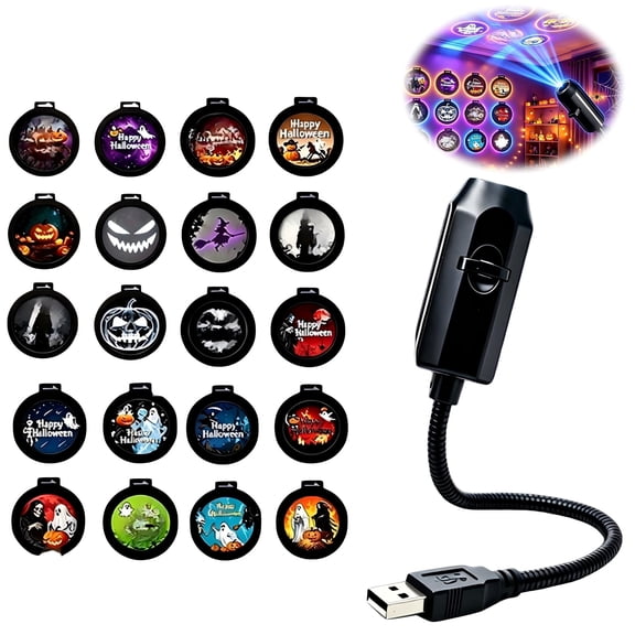 Halloween USB LED Projector Light 20 Slides, Plug & Play HD Holiday Scene Projector with Interchangeable Pattern Slides, Decorative Projection Lamp for Indoor Bedroom Wall Ceiling Party Home Decor