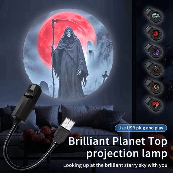 Halloween USB Projector Light Skull NightLight Ghost LED Lamp 360 Rotating Switchable Pattern Atmosphere Mood Light B