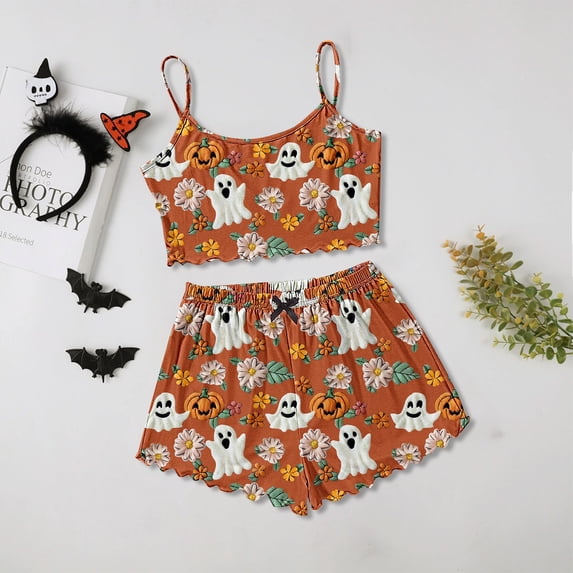 Halloween Under $ 10 Women Pajama Sets Women Fun Print Vest and Shorts Set Cute Pajama Sleepwear Orange Pajama