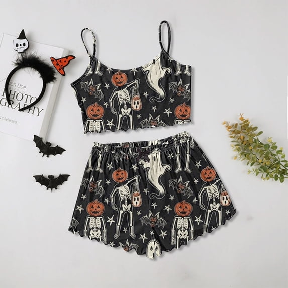 Halloween Under $ 10 Women Pajama Sets Womens Cotton Vest and Shorts Set Print Home Sleepwear Black Pajama