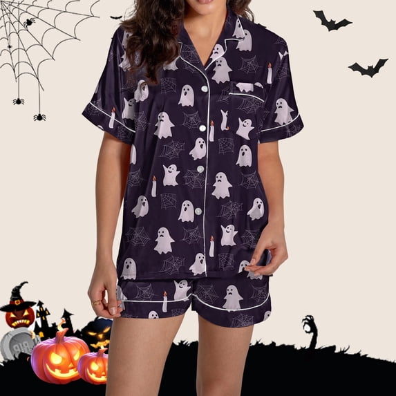 Halloween Under $ 15 Women Pajama Sets Women Fun Graphic Print Top and Shorts Buttoned Home Wear Dark Purple Pajama