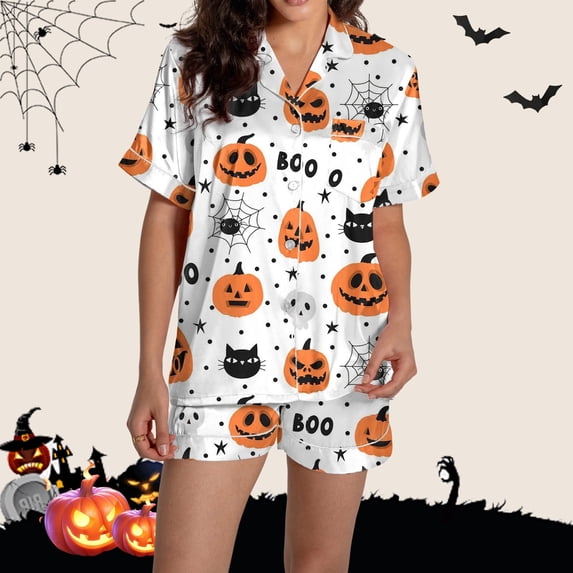 Halloween Under $ 15 Women Pajama Sets Womens Button Down Short Sleeve Top and Shorts Set Print Gift Orange Pajama