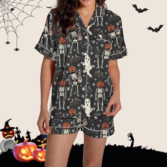 Halloween Under $ 30 Women Pajama Sets Women Fun Graphic Print Top and Shorts Buttoned Sleepwear Dark Gray Pajama