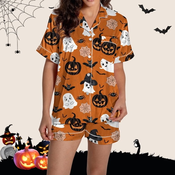Halloween Under $ 30 Women Pajama Sets Women Print Short Sleeve Shirt and Shorts Set Cute Home Wear Orange Pajama