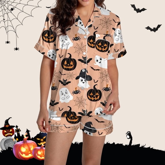 Halloween Under $ 30 Women Pajama Sets Womens Button Down Short Sleeve Top and Shorts Set Print Casual Pajama