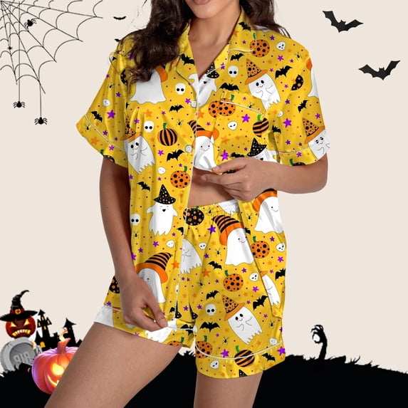 Halloween Under $ 30 Women Pajama Sets Womens Soft Cotton Print Short Sleeve Top and Shorts Sleepwear Pajama