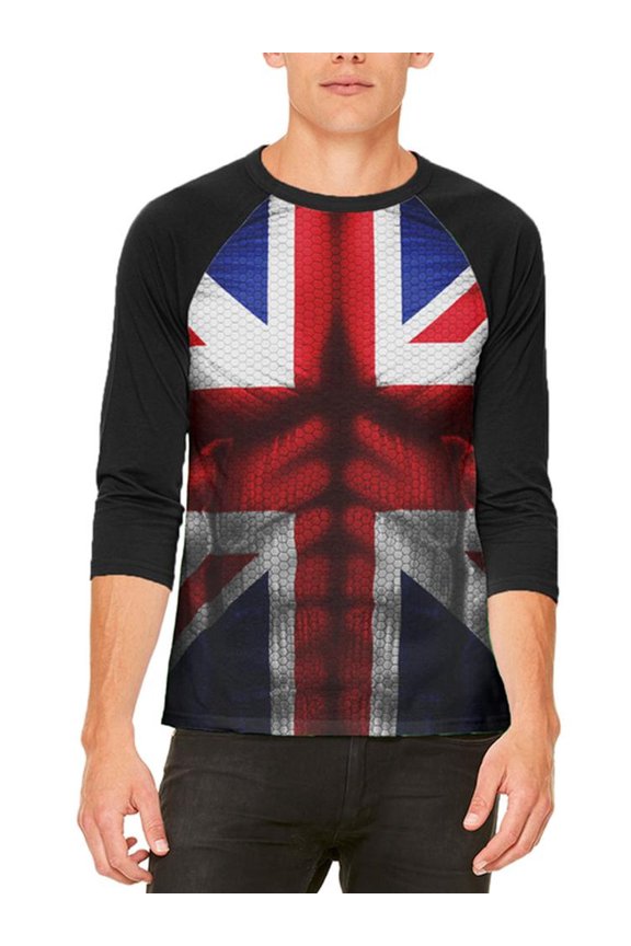 Halloween Union Jack British Flag Superhero Costume Mens Raglan T Shirt White-Black X-LG