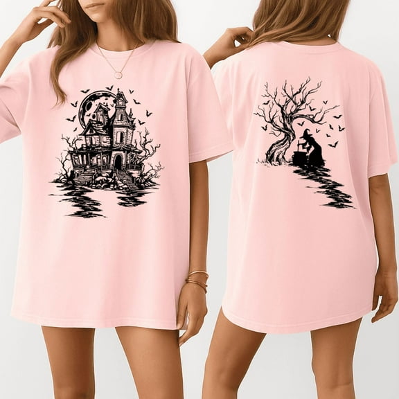 Halloween Unisex Both Side Print Haunted House and Ghost Tree Graphic Cotton Tee – Gift for Halloween