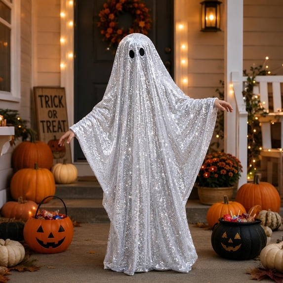 Halloween Unisex Sequin Ghost Cloak with Eye Holes Flowy Sparkly Full Body Cape Scary Funny Cosplay Costumes