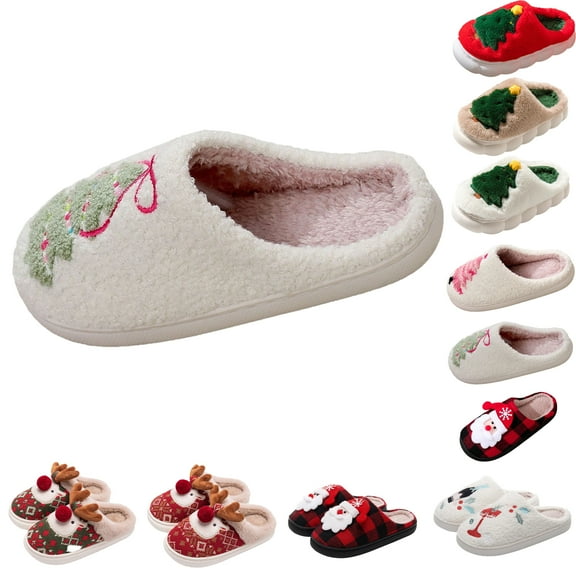 Bmawag Christmas Slippers for Women Flat Heel Close Toe Slip-on Home Slippers Christmas Cute Printed Warm Winter Shoes