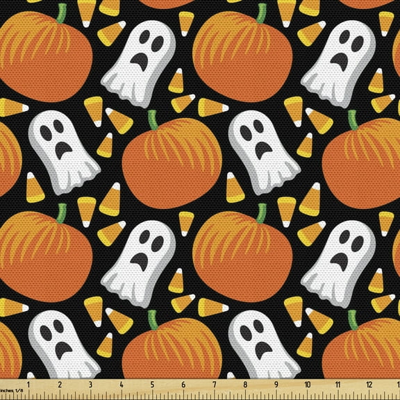 Halloween Upholstery Fabric by the Yard, Repetitive Spooky Elements Ghost and Pumpkins, Decorative Fabric for DIY and Home Accents, 5 Yards, Marigold Fern Green by Ambesonne