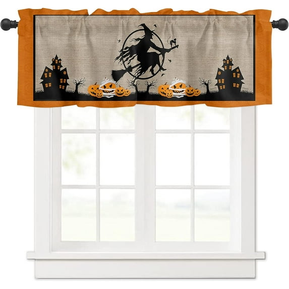 Halloween Valance Curtains for Kitchen or Bathroom, Valances Window Treatment Rod Pocket Drape 54x18inch Light Filtering Living Room Bedroom Decor Scary Castle Witch Cat Silhouette
