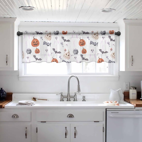 Halloween Valance Curtains for Kitchen/Living Room/Bathroom/Bedroom Window, Bat Pumpkin Ghost Candy Fall Seasonal Rod Pocket Small Topper Half Short Window Curtains Voile Sheer Scarf 42"x12"
