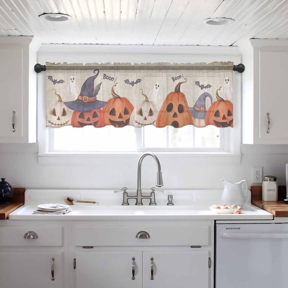 Halloween Valance Curtains for Kitchen/Living Room/Bathroom/Bedroom Window, Ghost Bat Pumpkin Trick Or Treat Beige Rod Pocket Small Topper Half Short Window Curtains Voile Sheer Scarf 54"x18"