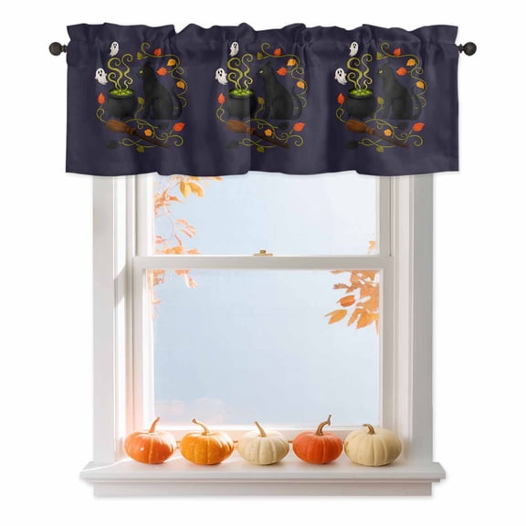 Halloween Valances for Windows, Dark Mysterious Black Cat Bubbling Pot Ghost Purple Rod Pocket Valance Short Window Treatments Curtains for Kitchen Bathroom Bedroom Decor, 42 x 12 Inches