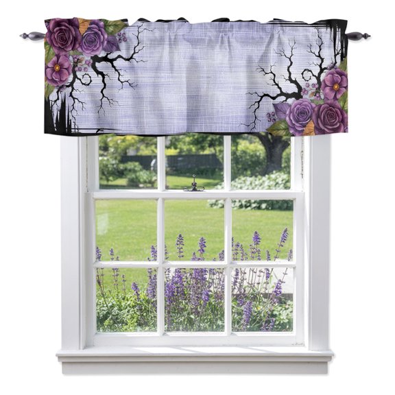 Halloween Valances for Windows Dark Romantic Purple Rose Bouquet Goth Tree Border Rod Pocket Light Filtering Short Window Treatments Curtains for Kitchen Bathroom Bedroom, 1 Panel, 56 x 16 Inch