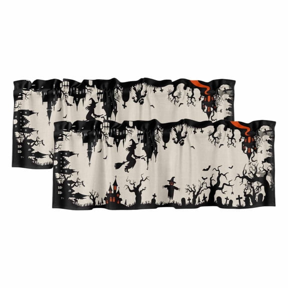 Halloween Valances for Windows, Decorative Rod Pocket Window Valance Curtains, Scary Cartoon Castle Forest Trees Retro Short Curtain Drapes for Kitchen/Bathroom/Living Room, 2 Panels, 42" W x 12" L