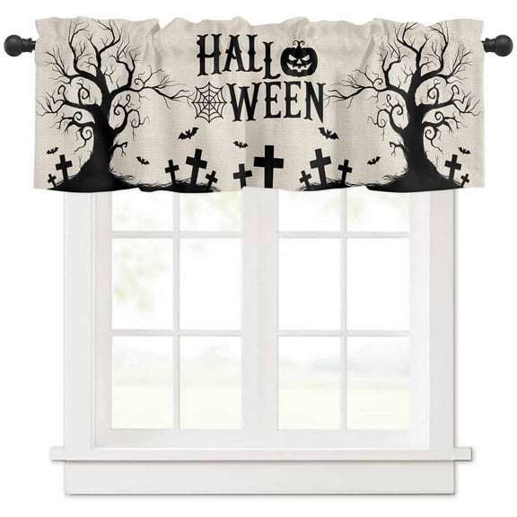 Halloween Valances for Windows Farmhouse Kitchen Curtains Valances Rod Pocket Valance Curtains for Kitchen Windows Spooky Pumpkins Halloween Horror Bat Tree Window Valances for Bathroom 54"x18"