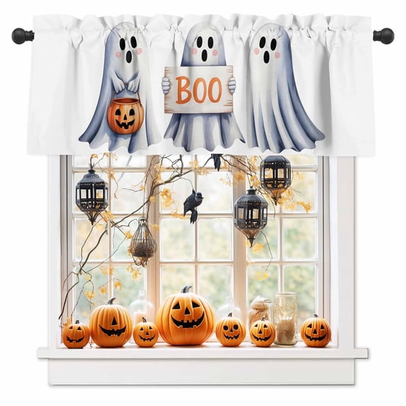 Halloween Valances for Windows Ghost Boo Window Curtain Rod Pocket Cute Spook Ghost Holiday Window Treatment Decor Valances for Kitchen Living Room Bedroom 42x12in