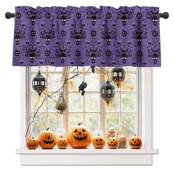 Halloween Valances for Windows Ghost Pumpkin Skull Window Curtain Rod Pocket Haunted Purple Holiday Window Treatment Decor Valances for Kitchen Living Room Bedroom 54x18in