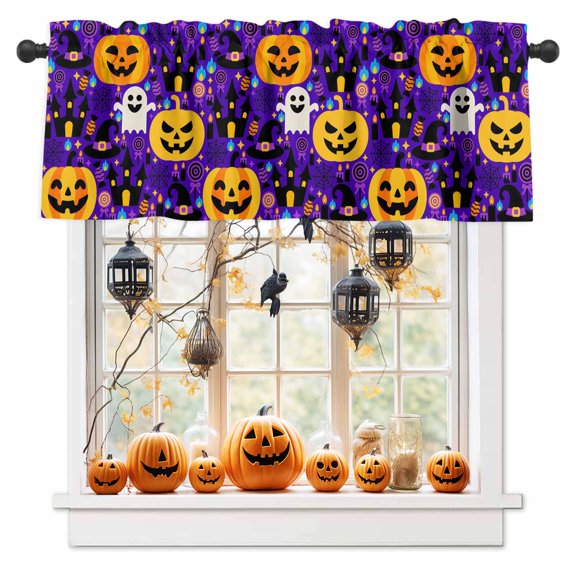 Halloween Valances for Windows Ghost Pumpkin Window Curtain Rod Pocket Castle Purple Holiday Window Treatment Decor Valances for Kitchen Living Room Bedroom 54x18in