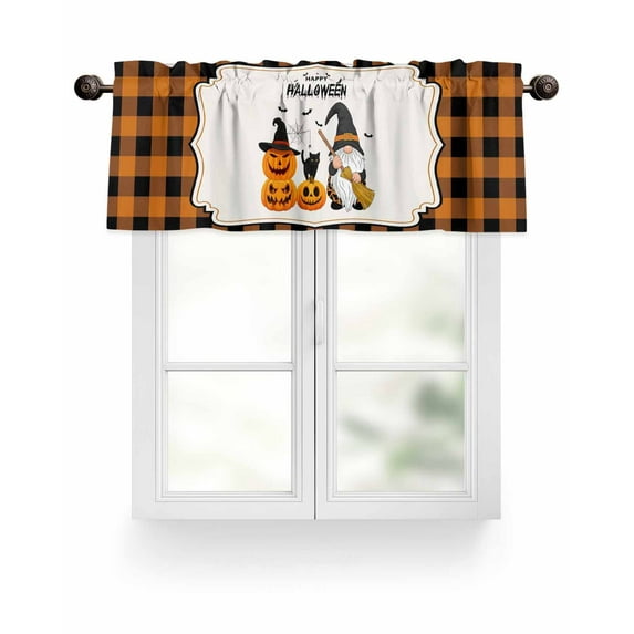 Halloween Valances for Windows Gnome Pumpkin Black Cat Bat Orange Black Plaid Valance Rod Pocket Short Window Treatments Curtains for Kitchen Bathroom Living Room Bedroom, 60 x 18 Inch